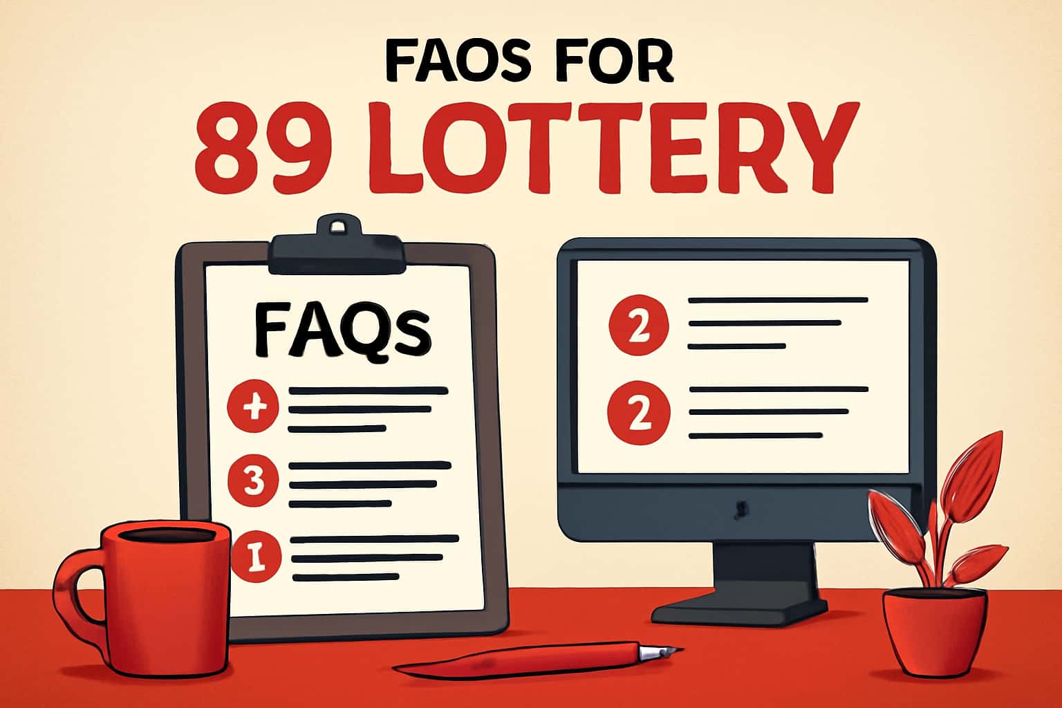 An informative scene showcasing FAQs for 89 Lottery in a modern, high-tech design.